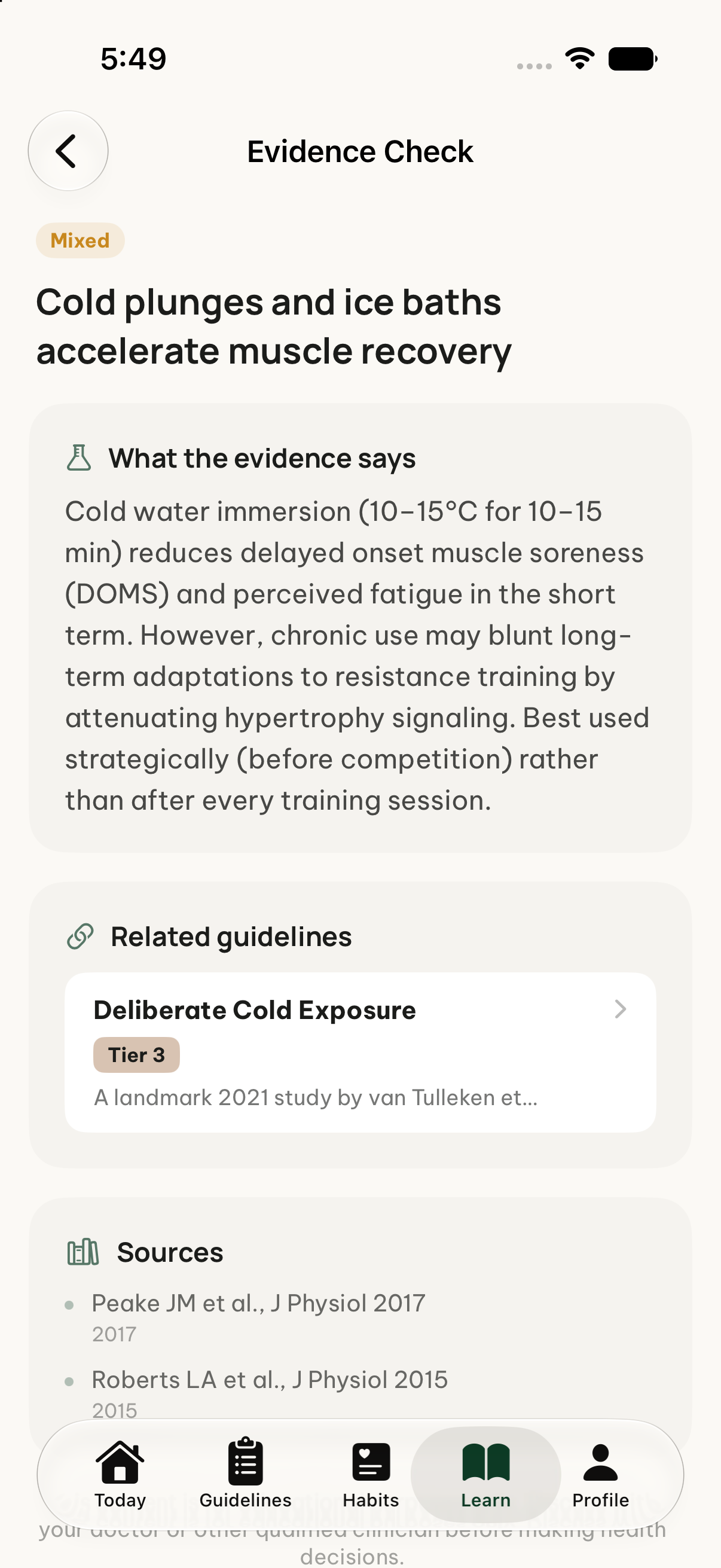 Evidence Check screen grading the claim 'cold plunges and ice baths accelerate muscle recovery' as Mixed, with a summary of what the evidence says and journal sources