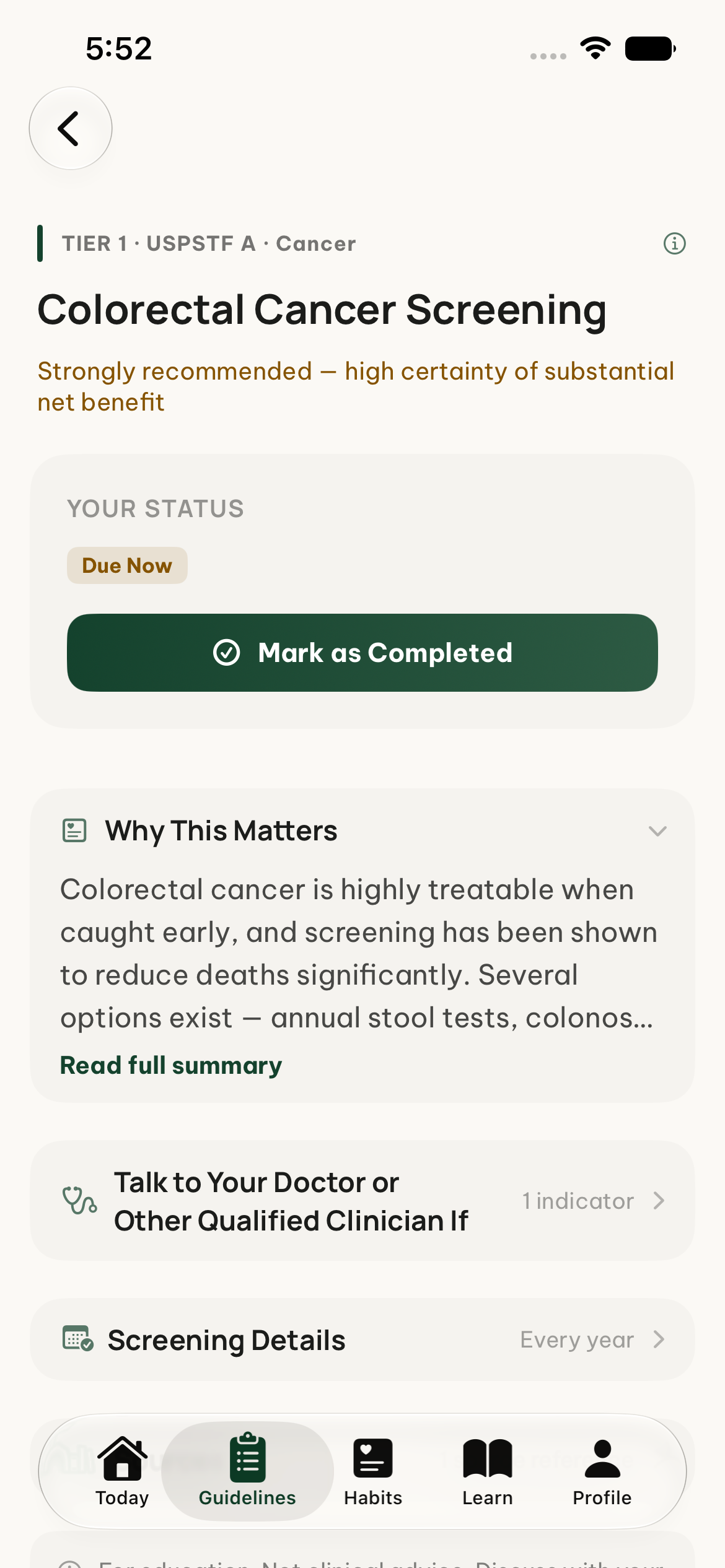 Guideline detail screen for colorectal cancer screening with a 'Why This Matters' evidence summary, screening details, sources, and a clinical disclaimer