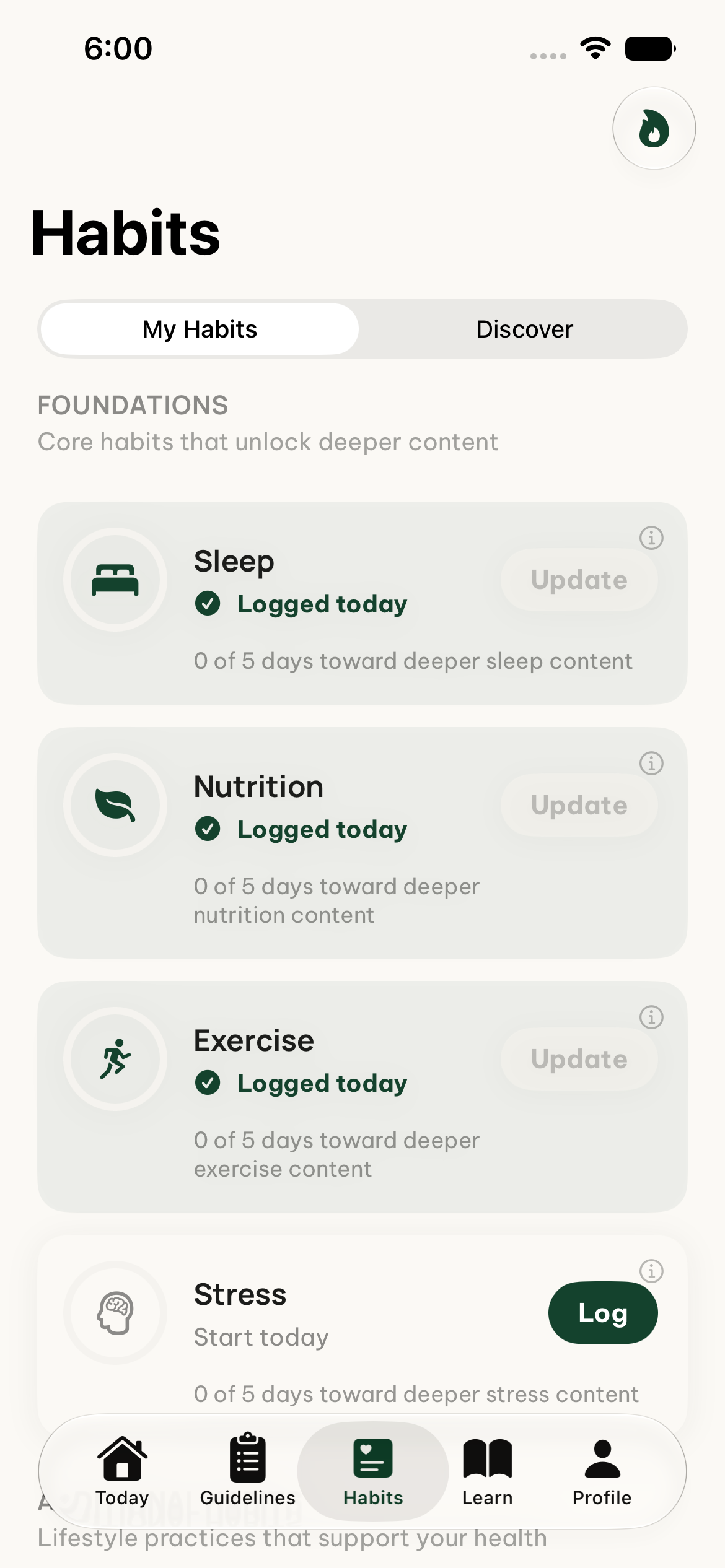 Habits tab with streak cards for Sleep, Nutrition, and Exercise each marked 'Logged today'