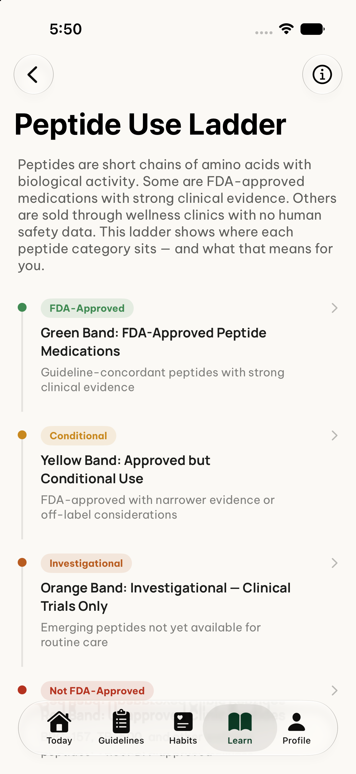 Peptide Use Ladder screen showing a color-graded evidence ladder from FDA-approved down to not FDA-approved categories