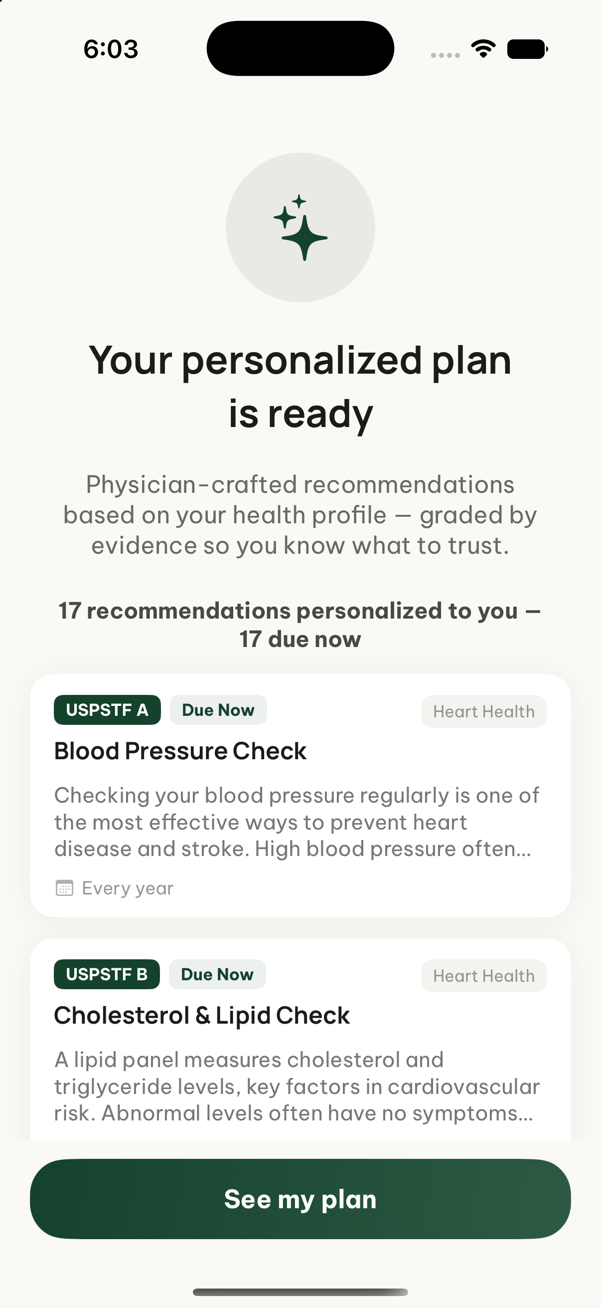 Plan Reveal screen: 'Your personalized plan is ready' with 17 recommendations, showing Blood Pressure Check (USPSTF A) and Cholesterol & Lipid Check (USPSTF B)