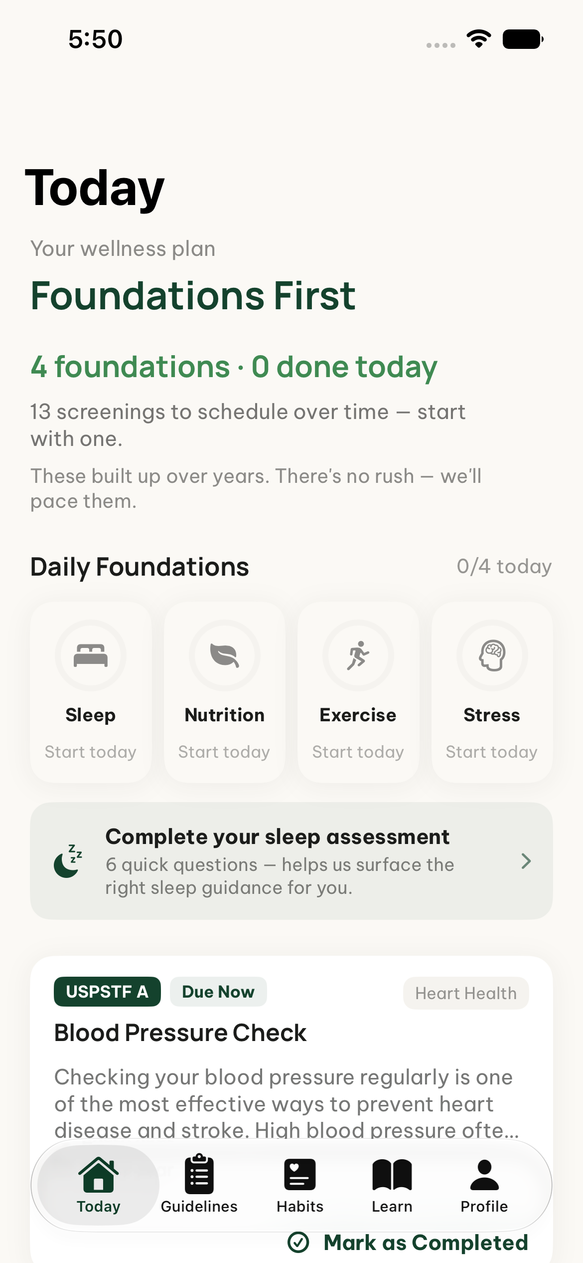 Today tab showing the Foundations First plan with four daily foundations — Sleep, Nutrition, Exercise, Stress — and a due-now screening list